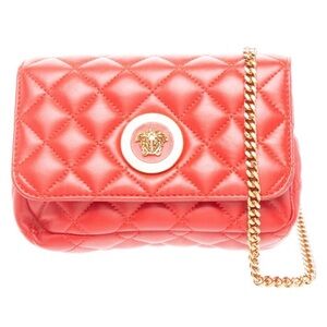 Versace Quilted Bright-Red Leather Crossbody with Gold Chain
